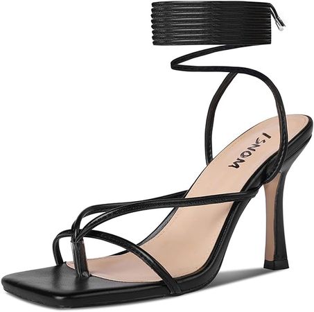 Amazon.com | ISNOM Lace Up Heels Sandals for Women, Square Toe Open Toe Thong Strappy Heels Women's Stiletto Heeled Sandals -Black | Heeled Sandals
