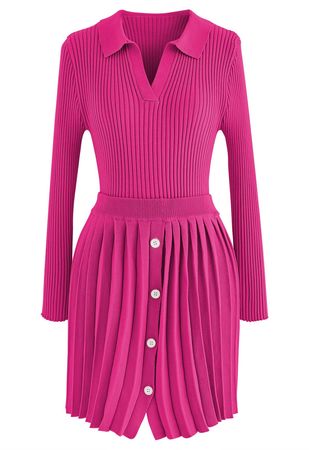 Collared V-Neck Knit Top and Pleated Skirt Set in Hot Pink - Retro, Indie and Unique Fashion