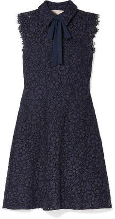 Pussy-bow Corded Lace Dress - Storm blue