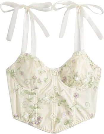 OYOANGLE Women's Ditsy Floral Spaghetti Strap Sleeveless Sweetheart Slim Crop Cami Tops Camisole Beige L at Amazon Women’s Clothing store