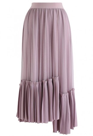 Mesh Asymmetric Hem Pleated Midi Skirt in Lilac - Skirt - BOTTOMS - Retro, Indie and Unique Fashion