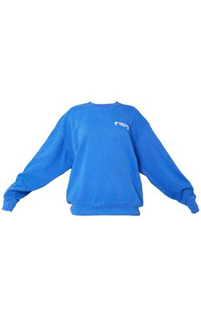 Plt Blue Athletic Small Print Washed Sweatshirt | PrettyLittleThing USA