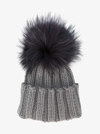 Inverni Grey Wide Ribbed Cashmere Hat with Fur Pom pom On Sale | Browns