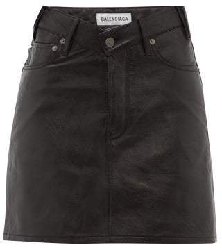 V Waist Grained Leather Mini Skirt - Womens - Black