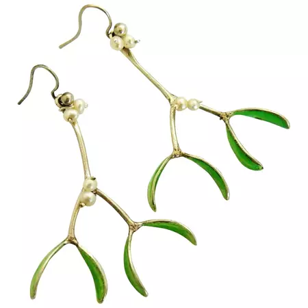 Vintage mistletoe earrings sterling silver enamel and pearl