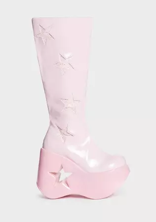 Demonia Glitter Star Knee High Platform Boots - Pink Patent – Dolls Kill