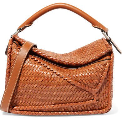 Puzzle Small Woven Leather Shoulder Bag - Brown
