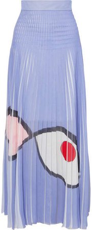 Frayed Printed Plissé-organza Maxi Skirt - Lilac