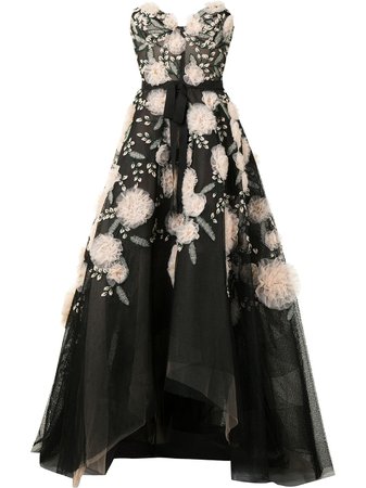 Marchesa floral-embroidered strapless gown black M30815 - Farfetch