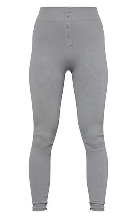 Dark Grey Structured Contour Rib Button Front Leggings