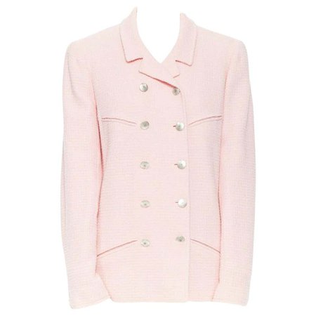 CHANEL 98P vintage soft pink tweed double breasted boxy blazer jacket FR46 For Sale at 1stdibs
