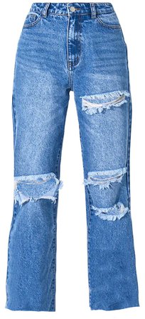 prettylittlething mid wash blue distressed long leg straight jeans