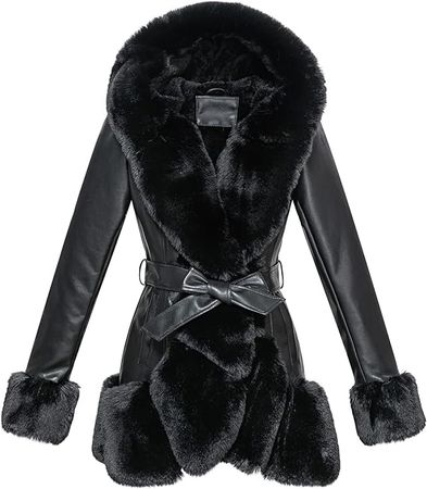 GRAN ORIENTE Women's Faux Leather Jacket with Faux Fur Lining and Collar Warm Winter Long Sleeve Button-Down Coat with Belt