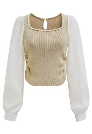 Beaded Square Neck Spliced Puff Sleeve Knit Top in Sand - Retro, Indie and Unique Fashion