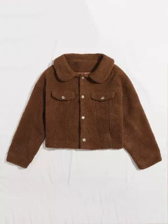 Flap Detail Single Breasted Teddy Jacket | SHEIN USA brown