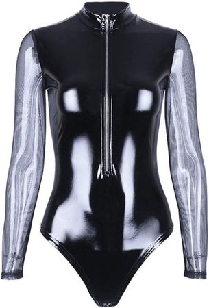 Amazon.com: FASGION Sexy Women PU Leather Bodysuit Sheer Mesh Splice Long Sleeve Bodysuit Black Zipper Turtleneck Bodycon Jumpsuit Romper (Color : Black, Size : L) : Clothing, Shoes & Jewelry