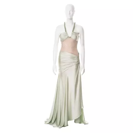 Versace demi-couture green silk and lace evening dress with crystals, ss 2004 For Sale at 1stDibs