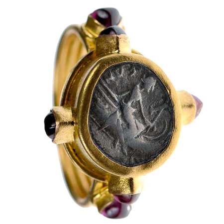 Authentic Ancient Greek Coin Set in 22kt Gold Ring w/ Six Ruby Gem Stone Accents For Sale at 1stDibs
