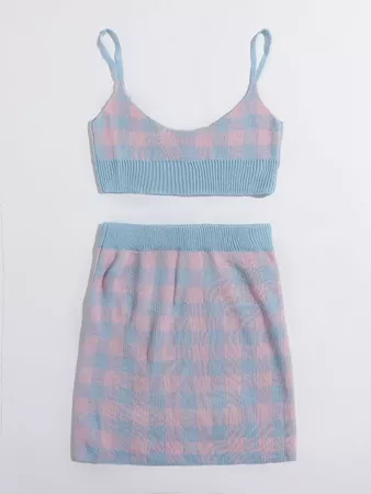Crop Gingham Knit Cami Top & Skirt Set | SHEIN USA