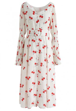 Cherry Print Button Down Belted Midi Dress - NEW ARRIVALS - Retro, Indie and Unique Fashion white