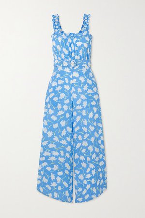 Net Sustain Dolores Belted Shirred Floral-print Crepe Jumpsuit - Blue
