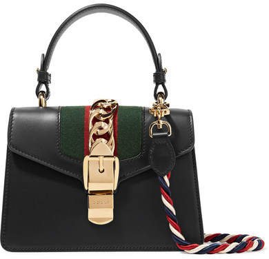 Sylvie Mini Chain-trimmed Leather And Canvas Shoulder Bag - Black