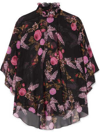Ruffled Floral-print Silk-georgette Blouse - Black