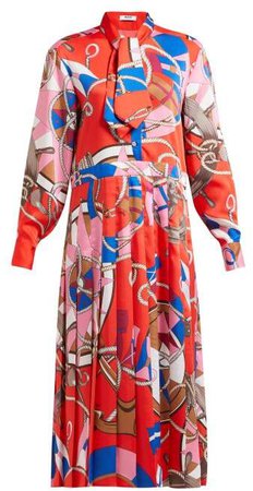 Scarf Print Pleated Satin Dress - Womens - Multi