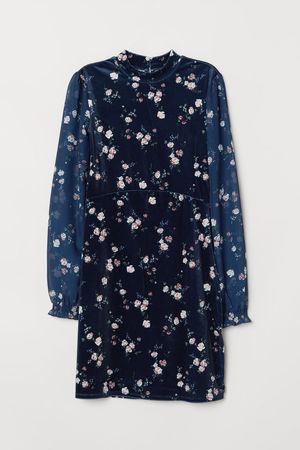 Patterned Velvet Dress - Dark blue/floral - Ladies | H&M US