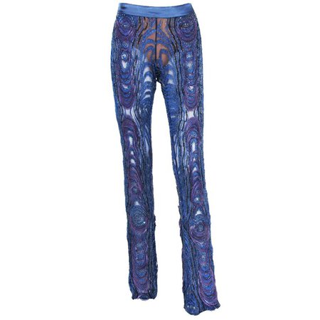 Tom Ford for Gucci Blue Feather Sequin Embroidered Pants