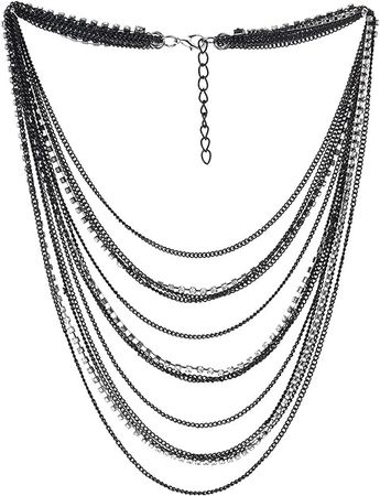 Amazon.com: COOLSTEELANDBEYOND Black Silver Waterfall Multi-Strand Long Layered Chains Statement Collar Necklace with Rhinestones : Clothing, Shoes & Jewelry