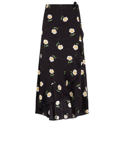 Black Daisy Print Ruffle Wrap Midi Skirt | New Look