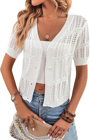GORGLITTER Women's Knitted Button Front Cardigan Sweater Short Sleeve V Neck Outwear White Medium at Amazon Women’s Clothing store