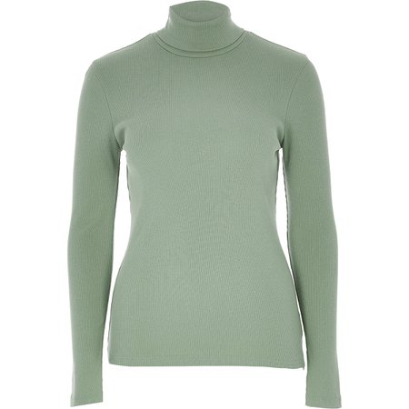 Light green long sleeve roll neck ribbed top | River Island