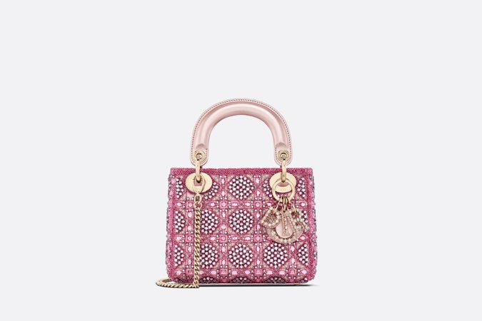 Kleine Lady Dior Tasche Metallic-Kalbsleder und Satin mit Rose Des Vents Perlenstickerei | DIOR