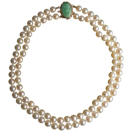 Akoya Pearl Necklace Double Strand Burmese Jadeite Clasp