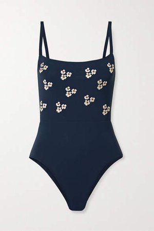 Floral-embroidered Swimsuit - Navy