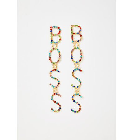 Boss Rhinestone Drop Earrings - Rainbow | Dolls Kill