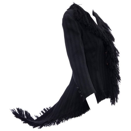 Yohji Yamamoto Runway Black Silk Wool Tweed Fringe Cutaway Jacket, Fall 2013 For Sale at 1stdibs