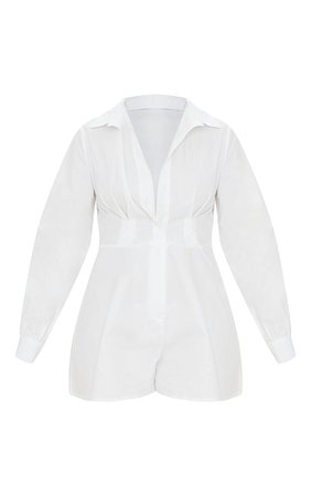 White Cotton Poplin Flared Short Shirt Playsuit | PrettyLittleThing USA
