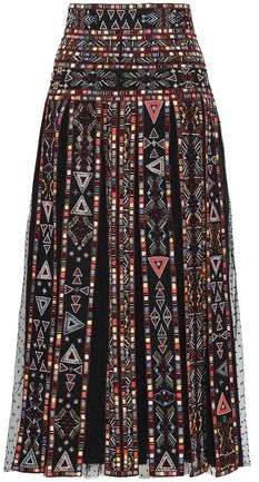 Embellished Pleated Point D'esprit-paneled Woven Midi Skirt