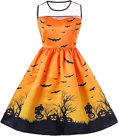 Amazon.com Franterd Orange Dress Women Long Sleeve Transparent Shoulder Pumpkin Bat Vintage Costume Evening Party Smock Swing Dress
