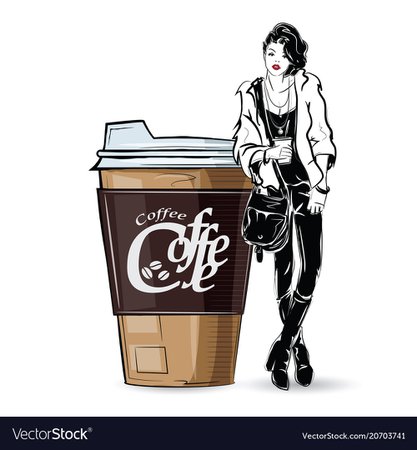 Fashion girl in sketch-style with cup of cofe Vector Image