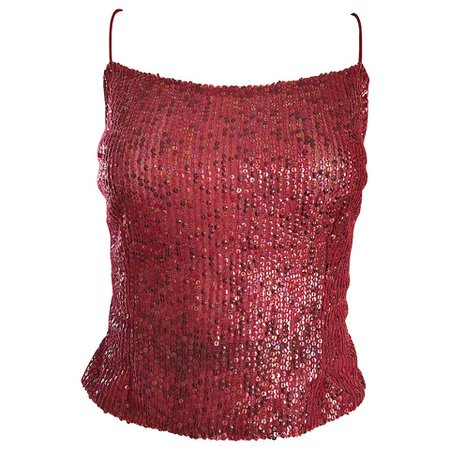 Vintage Liancarlo 1990s Red Wine Colored Fully Sequined Silk 90s Crop Top Blouse For Sale at 1stdibs