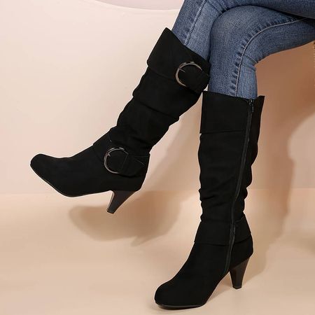 Women's Solid Color Trendy Boots, Side Zipper Comfy Kitten Heel Buckle Belts Boots, Winter Round Toe Mid Calf Boots,temu