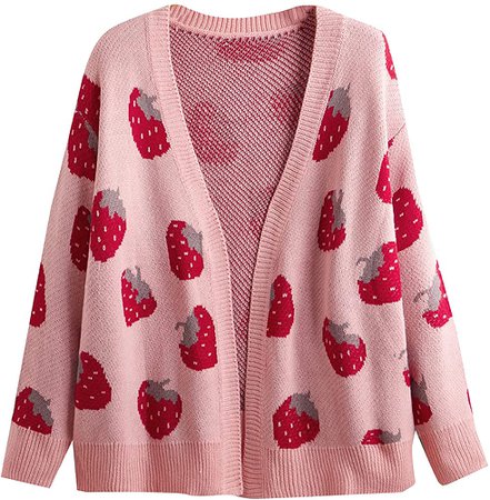 MakeMeChic Women's Plus Size Strawberry Print Long Sleeve Open Front Knit Cardigan Sweater Pink 3XL at Amazon Women’s Clothing store