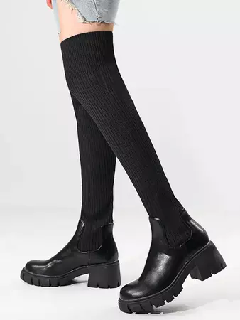 Women's British Style Solid Color Over-the-knee Length Chunky Heel Stretchy Knitted Sock Boots In BLACK | ZAFUL 2024