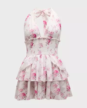 LoveShackFancy Deanna Floral Fit & Flare Halter Mini Dress | Neiman Marcus