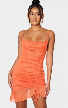 Bright Orange Strappy Mesh Ruched Bodycon Dress | PrettyLittleThing