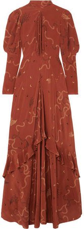 Ruffled Printed Silk-chiffon Maxi Dress - Brown